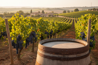 barrica en viñedo y vista genera por detras de viñedo y bodega