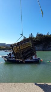 Jaulón con vino espumoso Crusoe Treasure siendo transportado al barco para su inmersión.